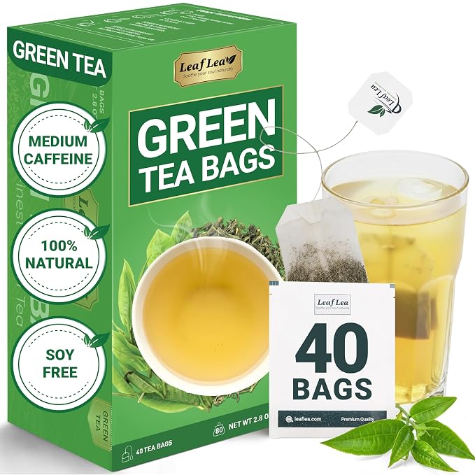 LeafLea Green Tea Bags, Pure Single-Ingredient Green Tea Leaves, 40 Count | Smooth, Refreshing & Naturally Caffeinated, Sugar-Free, Non-GMO, Individually Foil-Wrapped To Lock In Freshness