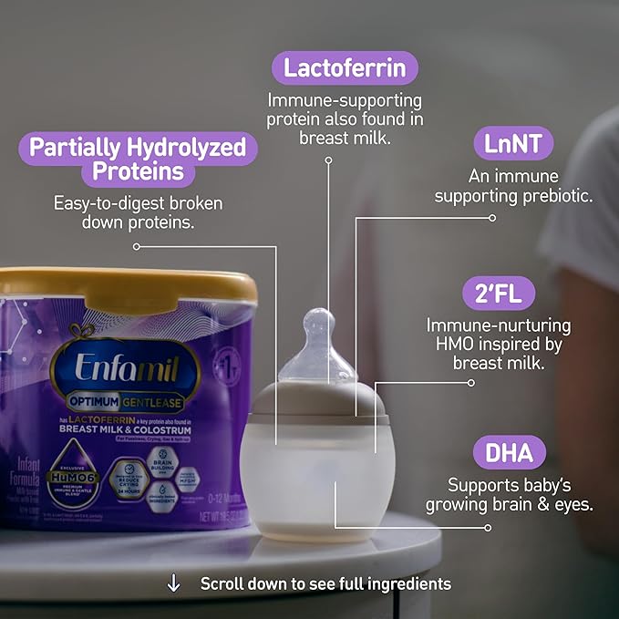 Enfamil Optimum Gentlease Baby Formula, Our Closest Formula to Breast Milk For Fussiness, Crying, Gas & Spit-up, Immune-Supporting Lactoferrin also found in Breast Milk, 19.5 Oz, Pack of 4
