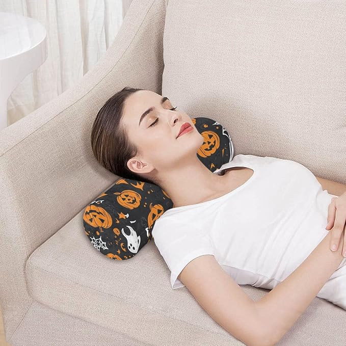 Gothic Funny Halloween Ghost and Pumpkins Neck Roll Pillow Bolster Round Health Memory Foam Long Cervical Cylinder Pillows with Removable Washable Cover for Body Bed Legs Back Yoga