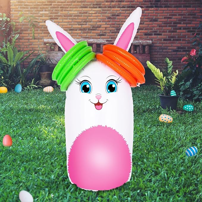 ArtCreativity 34” Easter Games Bunny Inflatable Ring Toss with 6 Rings, Easter Games for Kids - Weighted Bottom to Keep Rabbit Upright - Family Outdoor Easter Party Games for Kids and Adults