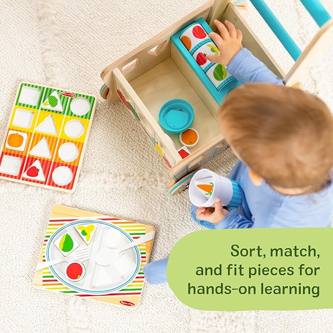 Melissa & Doug Wooden Shape Sorting Grocery Cart - Toddler Toys with 12 Blocks, Puzzle Board and Coffee Cup for Pretend Play and Montessori Toys - FSC Certified