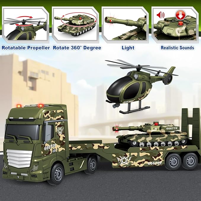 SpringFlower Toddler Boy Toys, 3 in 1 Large Army Truck Toy with Helicoper and Tank, Military Transport Truck Toy, Christmas Birthday Gifts for Kids 3 4 5 6 Years Old