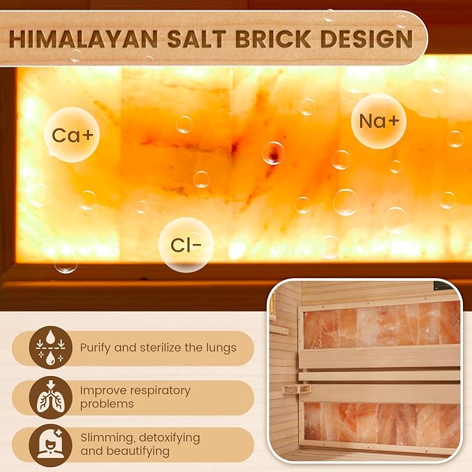 Traditional Steam Sauna,2-4 Person Luxurious Indoor Sauna with 2300W Stove Heater,Wood Sauna Room with 2 Himalayan Salt Bricks,7-Color Dynamic Abysm Sky Lights,220V,Bluetooth Speaker