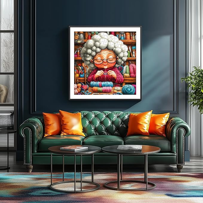 Funny Knitting Grandma Puzzles for Adults 500 Pieces Cozy Craft Room Colorful Yarn Sewing Machine Jigsaw Puzzle with Letters on Back Whimsical Cartoon Challenging Puzzles for Family Game Night