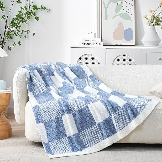 Snuggle Sac Checkered Blanket, Blue Throw Blanket for Couch Plaid Microfiber Fluffy Warm Fuzzy Cozy Soft Throw Blanket Reversible Checkered Blankets for Sofa, Chair, Bed, 50x60 inches