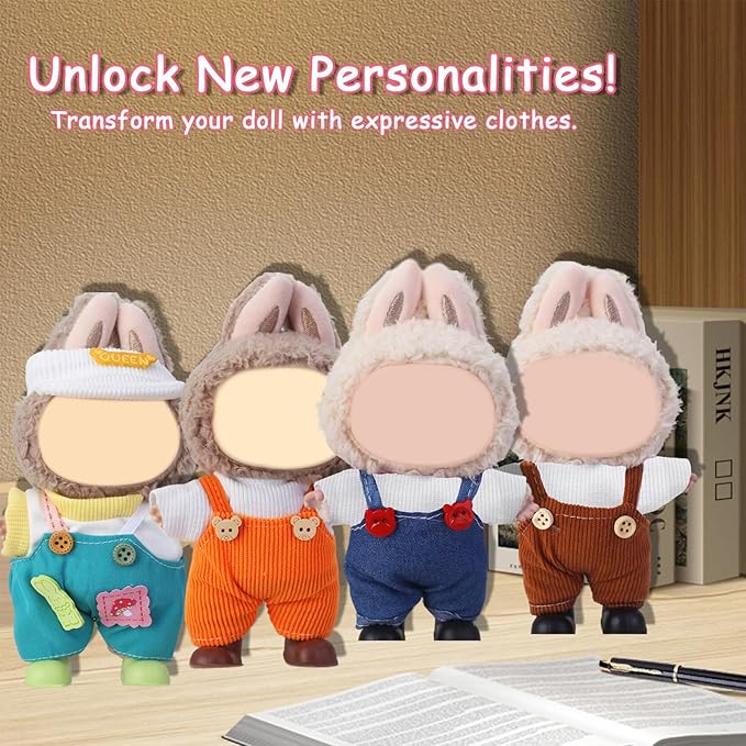 Doll Clothes for Labubu,Cute Outfit for 17cm Doll Clothe 2/3PCS Clothes and Hats Stylish Dolls Clothe for 17 cm Labubu,Casual Style Costumes for Labubu Dolls (Four-Color Overalls Set 4)