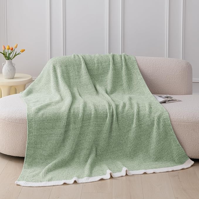 MH MYLUNE HOME Ultra Soft Ribbed Throw Blanket Plush, Green, 50"x60" | Reversible Fleece Throw Blanket, Comfy Fluffy Fuzzy Plush Blanket Throws for Couch Sofa Bed, Cozy Blankets for Women Gift