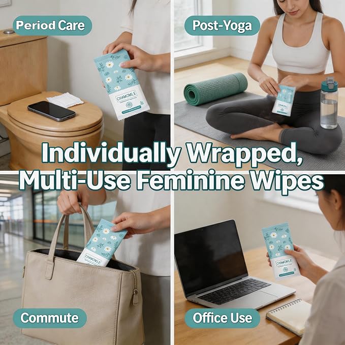 Travel Feminine Hygiene Wipes, Individually Wrapped Wipes, 200 Pack | Chamomile pH-Balanced Feminine Wipes, Individually Wrapped Portable Large Hygiene Wipes for Friends & Homeless Care