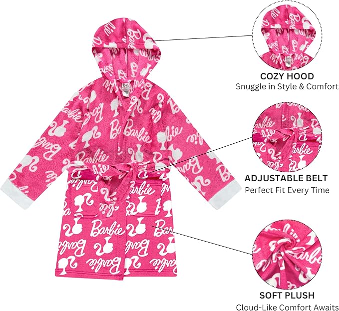 Barbie Girls Fleece Kids Hooded Robe - Super Soft Plush Kids Spa Bathrobe with Pockets, Girls Sizes 4-10 - Official Product