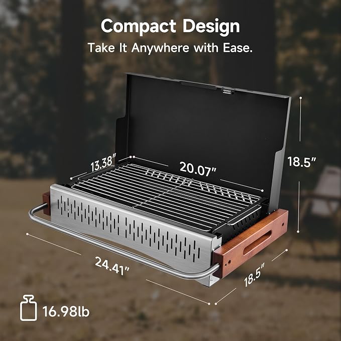 Portable BBQ Charcoal Grill, No Assembly Hibachi Grill for Camping | Height Adjustable 304 Stainless Steel Grate, Easy Clean Enamel Tray, Foldable Grill for Beach and Patio
