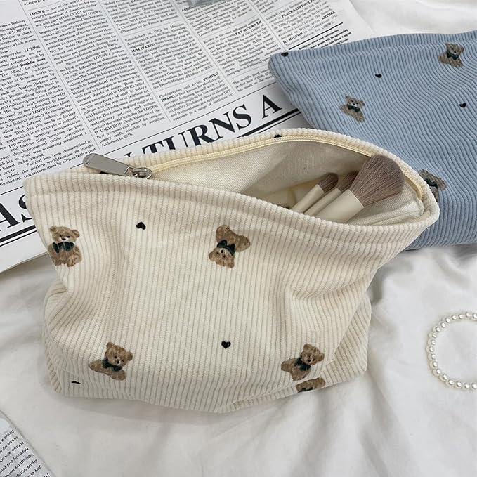 uekeboag 2Pcs Cute Small Soft Corduroy Zipper Makeup Bag for Purse, Coquette Aesthetic Pouch with Bear Pattern for Women Girls, Kawaii Travel Cosmetic Bags（Beige Set）