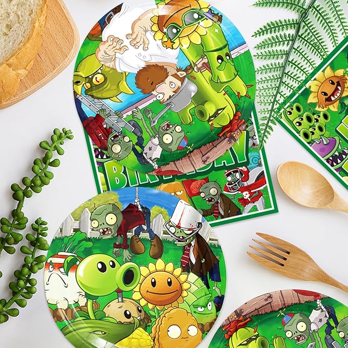 40Pack Plants Zombies Birthday Party Supplies include 20 plates, 20 napkins for Plants Zombies party decoration