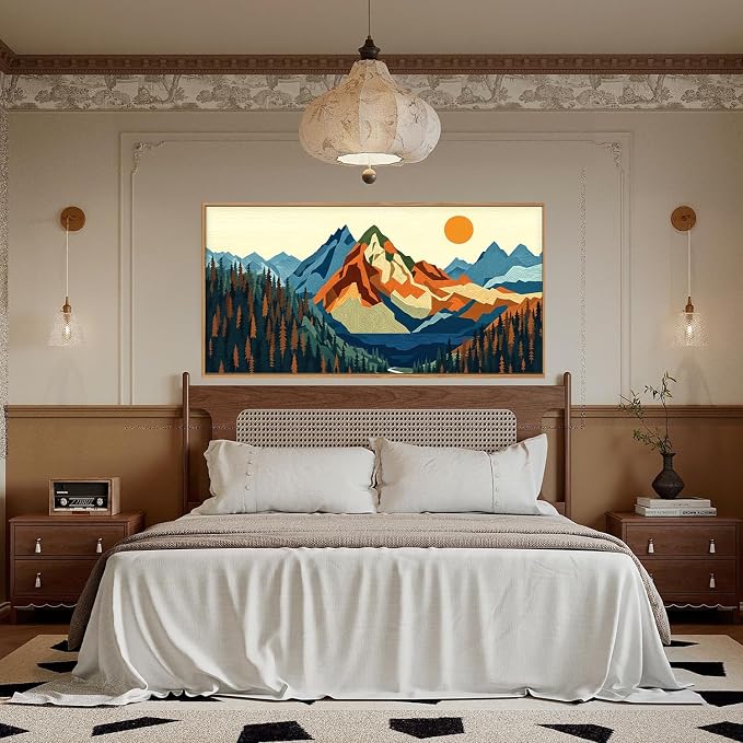 FWIEXA Vintage Mountain Framed Canvas Wall Art Set, Boho Sunrise Wall Prints, Abstract Nature Forest Artwork, Retro Lake Sunset Painting, 20x40 Inches Modern Rustic Decor for Living Room, Bedroom, Office