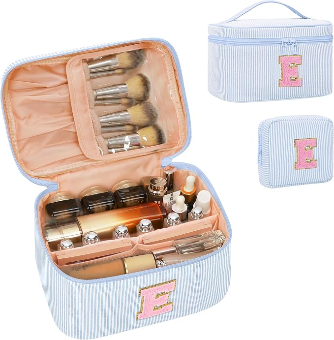 MONSTINA Personalized Initial Makeup Bag with Brush Holder for Women,Monogram Make Up Case for Girlfriend Bridesmaid Wife,Birthday Gift for Her Cute Toiletry Bag,2PCS,Blue E