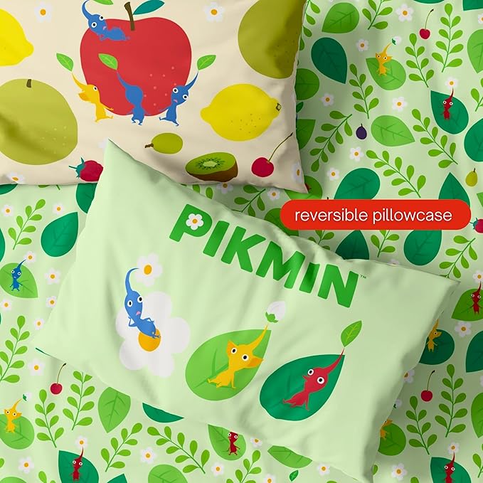 Nintendo Pikmin Video Game Kids Bedding Set, Twin Size 5 Piece Reversible Comforter and Sheet Set with Sham, (Officially Licensed Product) by Franco