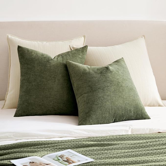 MIULEE Olive Green Chenille Couch Throw Pillow Covers, 18x18 | Set of 2, Soft Modern Farmhouse Style, Decorative Pillowcases for Sofa Living Room Bed, Home Decor