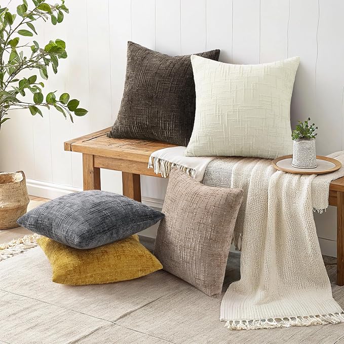 decorUhome Textured Chenille Throw Pillow Covers 26x26 Set of 2 Cream White | Fall Modern Farmhouse Soft Cozy Slubby Couch Pillow Cases Boho Decorative Pillow Cases for Bed Sofa Living Room Home Decor
