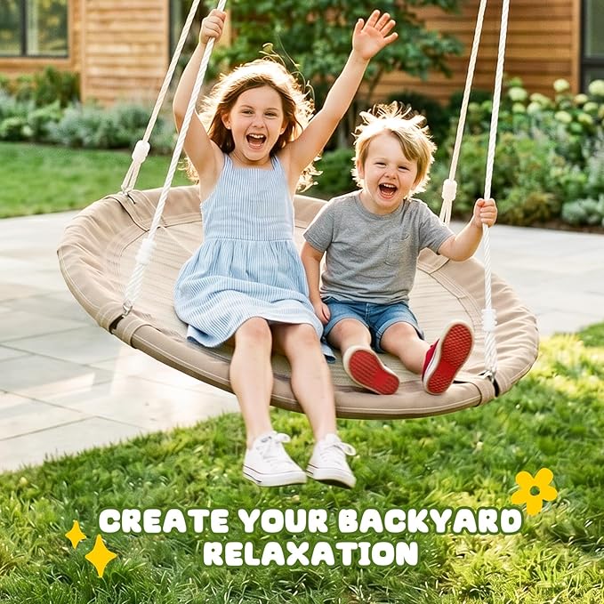 Trekassy 700lb 40 Inch Saucer Tree Swing for Kids Adults Outdoor 900D Oxford Waterproof with 2pcs Tree Hanging Straps, Steel Frame and Adjustable Ropes, Taupe