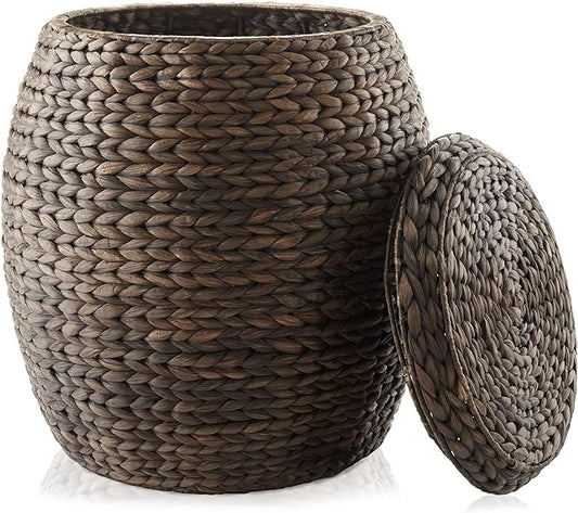 Casafield Round Storage Basket with Lid - Espresso Dark Brown, Handwoven Hyacinth Organizer for Laundry, Blanket, Plants, Bedroom, Living Room, Office