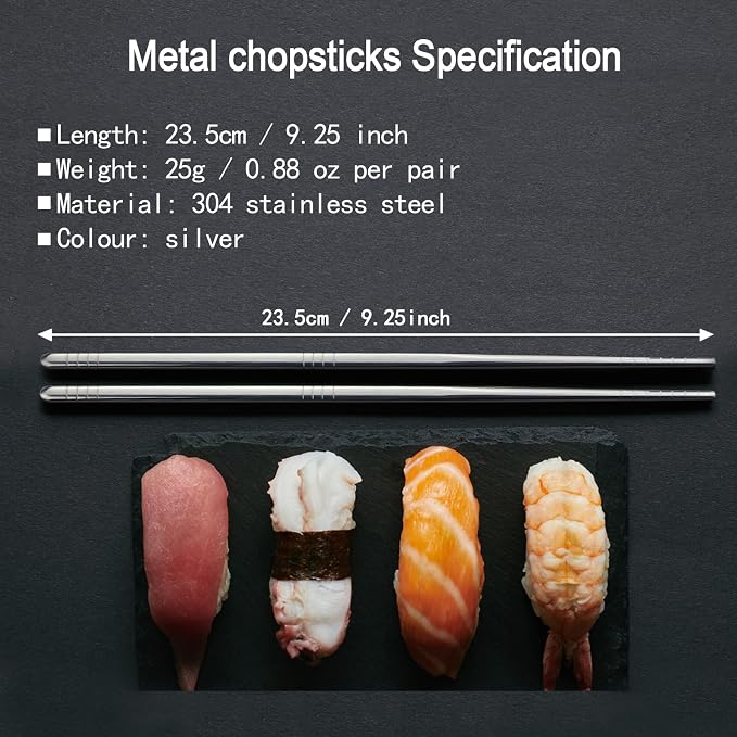 IQCWOOD 304 Stainless Steel Chopsticks, 5 Pairs, Silver | Chopsticks Lightweight, Non-Slip Tips, Reusable, Metal Korean Japanese Style Chopstick for Daily Meals, Dishwasher Safe 9.25"