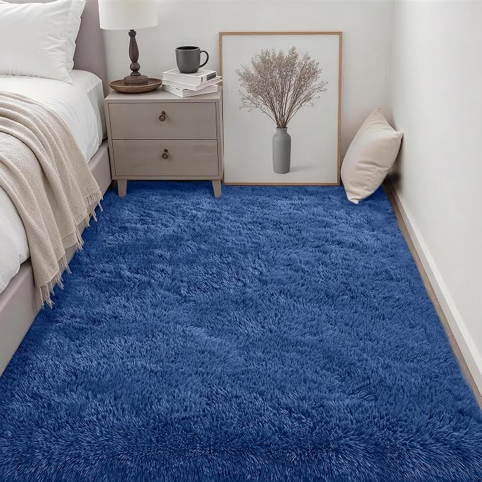 Fluffy 5x7 Area Rugs for Living Room Bedroom: Ultra Soft Shag Rug Non-Slip Non-Shedding Small Plush Bedside Rug Indoor Floor Carpets for Kids Room Playroom Entryway Nursery Dorms Home Decor Blue