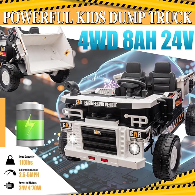 POSTACK 24V 8Ah Ride on Dump Truck with Electric Dump Bed, Ride on Construction Vehicle 4WD Kids Electric Car with Remote Control and Extra Shovel,4x70W Powerful Motors, White