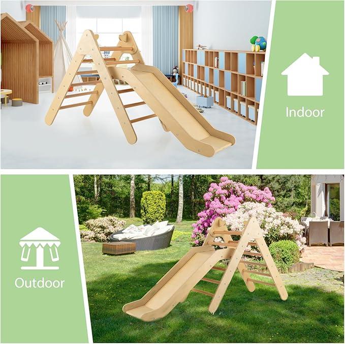 OLAKIDS Pikler Triangle Set 2 in 1 Climbing Toys for Toddlers Foldable Wood Montessori Baby Jungle Gym with Ladder Ramp Slide Kids Indoor Playground Activity Play Structure