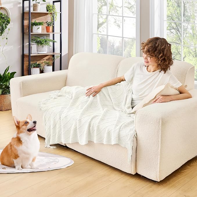 inhand Off White Knitted Throw Blanket for Couch and Bed, 50"x60" | Soft Living Room Home Decor Knitted Blanket with Tassel, Outdoor Lightweight Breathable, Farmhouse Warm Woven Decorative