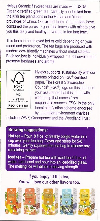 Hyleys Organic Green Tea Moroccan Mint Flavor - 25 Tea Bags (Pack of 2)
