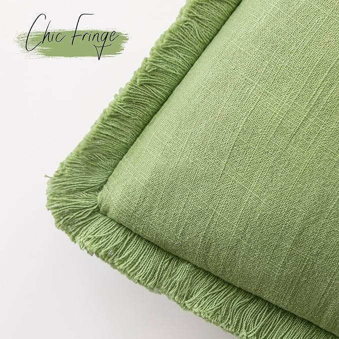 Foindtower Set of 2 Decorative Linen Fringe Throw Pillow Covers Cozy Boho Farmhouse Cushion Cover with Tassels Soft Accent Pillowcase for Couch Sofa Bed Living Room Home Decor,26×26 Inch,Lime Green