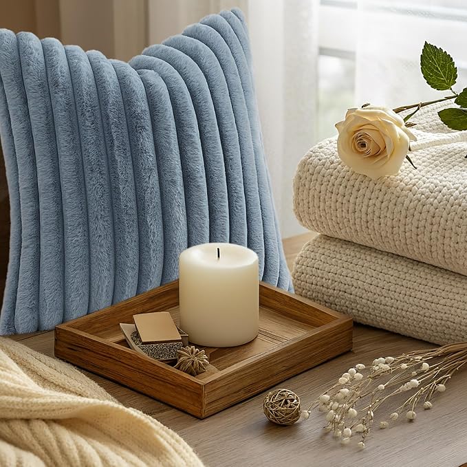 decorUhome Fall Faux Fur Throw Pillow Covers 18x18 Set of 2 Grey Blue | Decorative Soft Cozy Striped Plush Modern Farmhouse Boho Couch Pillow Cases Velvet Back for Sofa Bed Living Room Home Decor