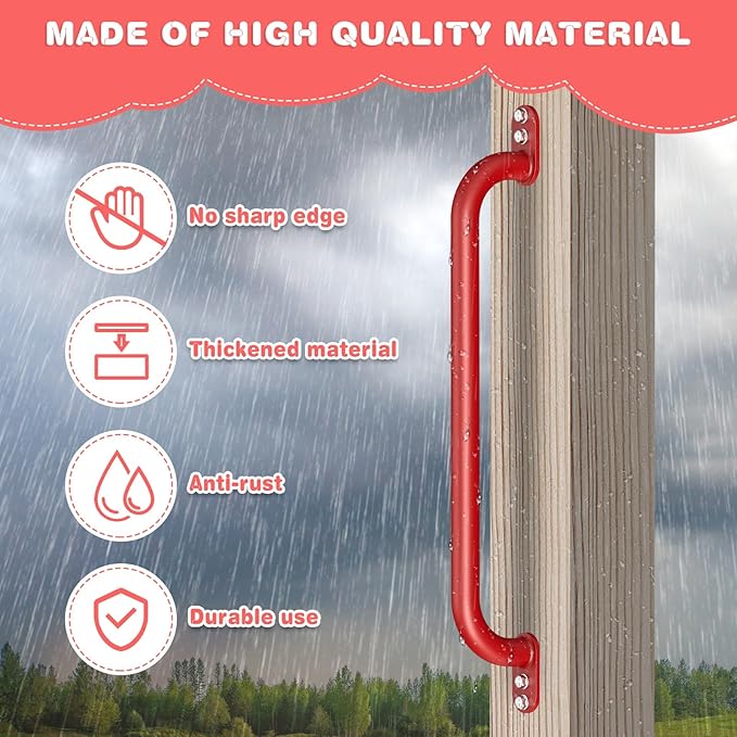 Dolibest 42 Inch Metal Safety Handles, Playground Ladder Handle, Long Grab Handles for Kids Playhouse, Treehouse, Rock Climbing Wall, Swing Set Accessories, Indoor & Outdoor Use (2PCS)-Red