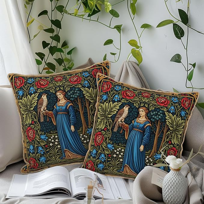 Vintage Floral Leaves Velvet Pillow Covers 16x16 Inch Tapestry Art Red Blue Flowers Bird Throw Pillows For Couch Cushion Covers Pillowcase European French Country Pillow Cases for Sofa Bed Bedroom