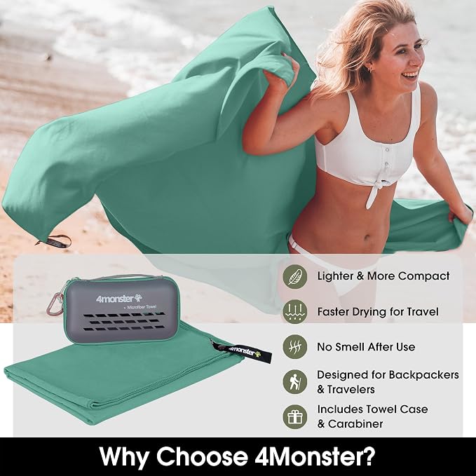 4Monster Quick Dry Travel Towel with Case & Carabiner – Super Absorbent Microfiber Gym & Camping Towel. Compact, Lightweight, Fast Drying for Beach, Swimming, Hiking, Backpacking
