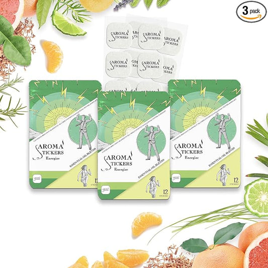 AROMA STICKERS® Original Blend ENERGIZE - 100% Natural Essential Oil Scented Diffuser Sticker - Aromatherapy for Personal Space - Towels, Blankets, Face Mask & Pillow (Pack of 3, 36 Stickers Total)