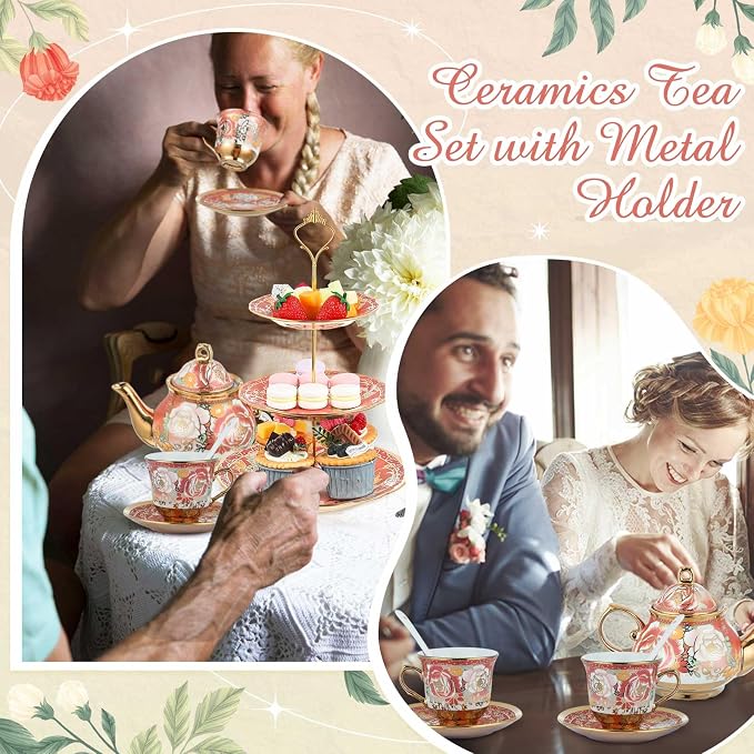 Maxcheck 21 Pcs Porcelain Tea Set for Women Tea Party with Metal Holder and 3 Tier Cake Stand Ceramic European Floral Teapot Set for Adults Mother's Day Christmas Thoughtful Gift(Romantic Style)