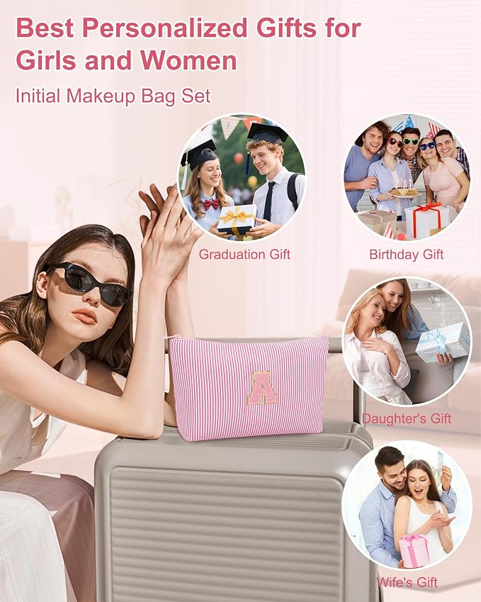 MONSTINA Personalized Initial Makeup Bag|Toiletry Bag for Women,Make Up Case for Girlfriend Bridesmaid Wife,Birthday Gift for Her Cute,3PCS,Pink C