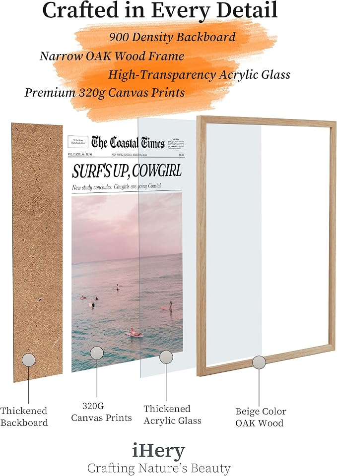 iHery 16x20in Surf’s Up Cowgirl Framed Newspaper Wall Art | Natural OAK Wood Frame with Canvas Print, Coastal Cowgirl Decor for Bedroom, Dorm, Living Room and Bar Cart, 1Pack