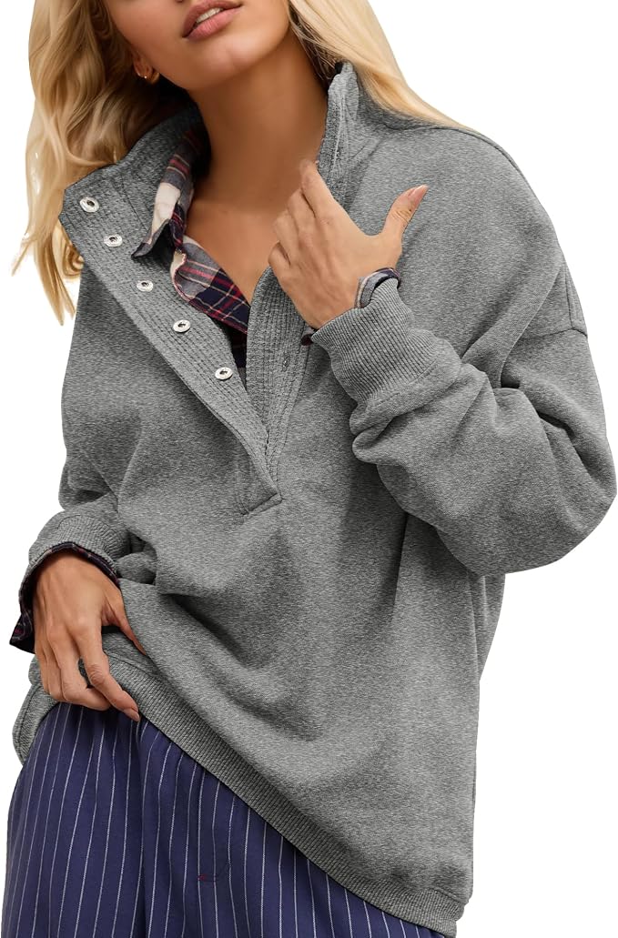 Gacaky Sweatshirt for Women Oversized Casual Long Sleeve Button Henley Neck Pullover Tops Fashion Outfits Clothes