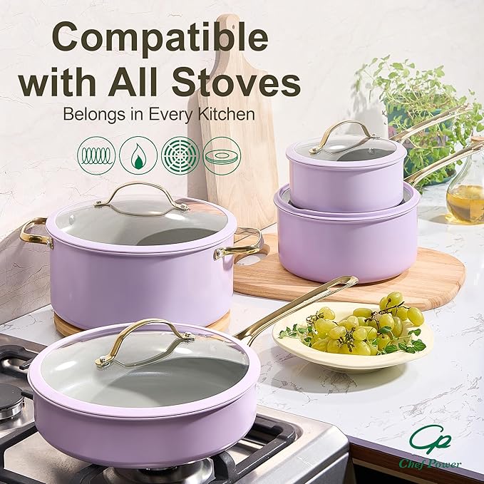 Chef Power Ceramic Frying Pan with Stainless Steel handle 5Pcs Set, Non Stick Grill Pan Set, Dishwasher and Oven Safe, Light Purple and Granite Grey