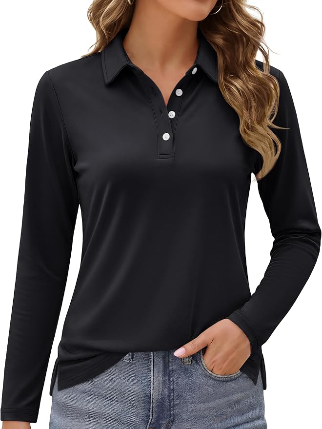 MAGCOMSEN Long Sleeve Polo Shirts for Women Golf Tops with Collar Work | UPF 50+ Sun Protection, 4 Buttons, Moisture Wicking, Breathable, 4-Way Stretch, Collared, Quick Dry, Active, Casual, Tennis