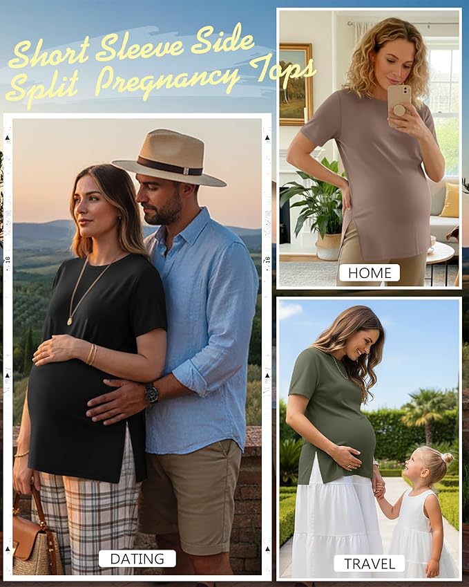 Ficerd 3 Pack Women's Maternity T Shirts, Short Sleeve Side Split Pregnancy Tops Casual Crew Neck Pregnant Tees Mama Clothes