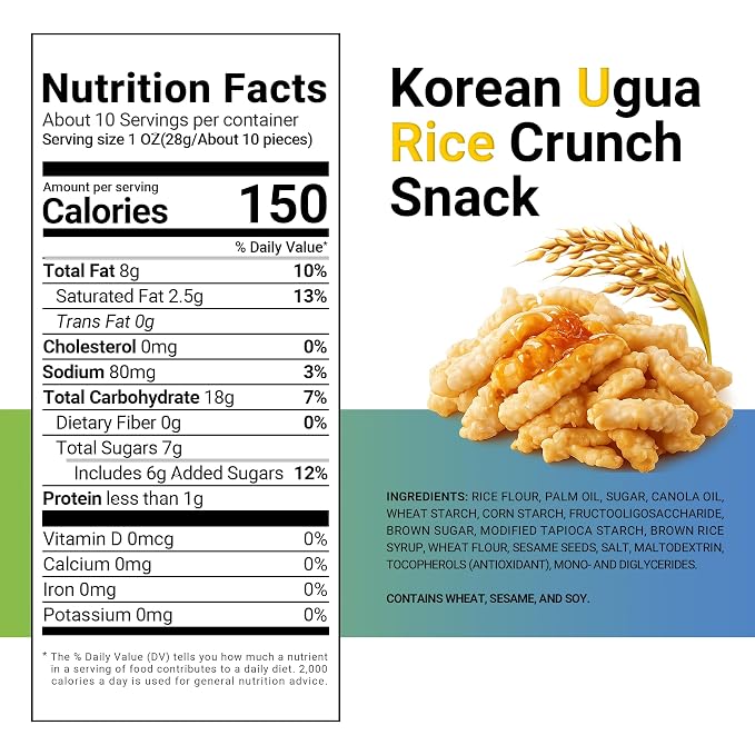 Nongshim Ugua Rice Crisps, Sweet Korean Snacks, Rice Crackers, 1 Pack | Korean rice snack with brown rice syrup glaze, crisp puffed texture, light honeyed sweetness