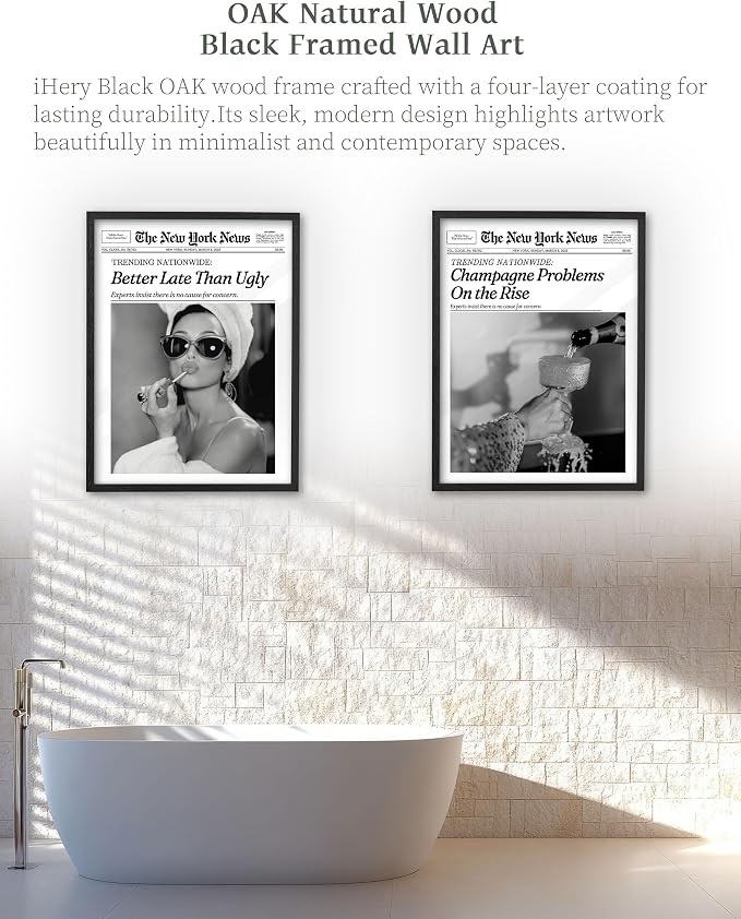 iHery 16x20in Champagne Problems on the Rise Framed Newspaper Art | Premium Black Natural OAK Wood Frame with Canvas Print, Vintage Champagne Decor for Bar Cart, Kitchen, Living Room 1Pack