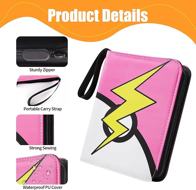 Card Binder 4 Pocket, Trading Card Binder With 50 Removable Sleeves, Portable Card Collection Binder for Standard Cards (Pink)