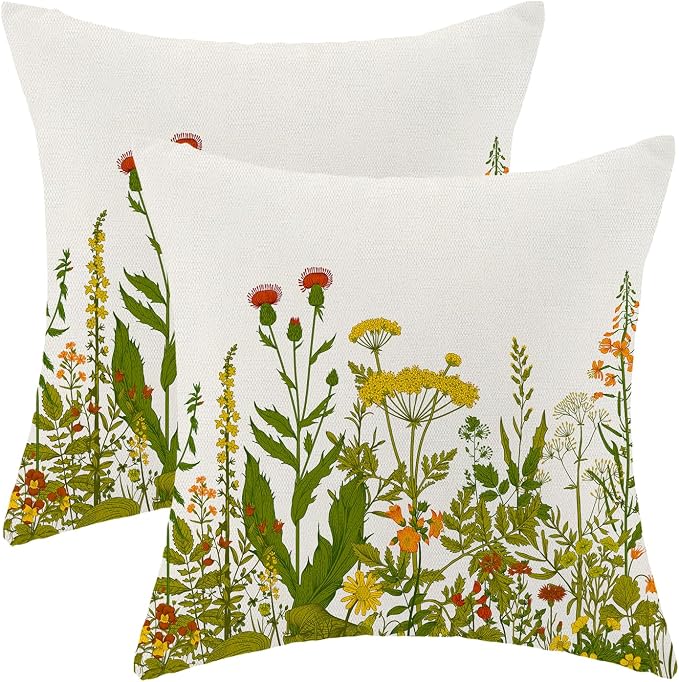 AEIOAE Yellow and Green Pillow Covers 18x18 Inch Set of 2, Spring Wildflower Plant Throw Pillows Case,Seasonal Floral Outdoor Decorative Flowers Farmhouse Decor Cushion Covers for Home Sofa Bed Couch