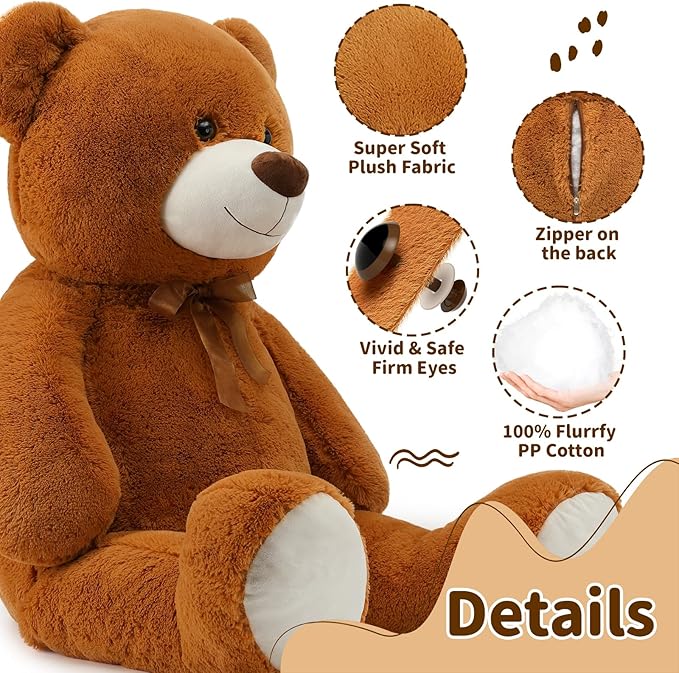 MorisMos Giant Teddy Bear Stuffed Animal 4 Ft,51'' Big Brown Teddy Bear for Girlfriend Boyfriend Wife Mom Fiancée Valentine's Gift,Large Stuffed Bear Plush for Christmas Birthday Baby Shower,Brown