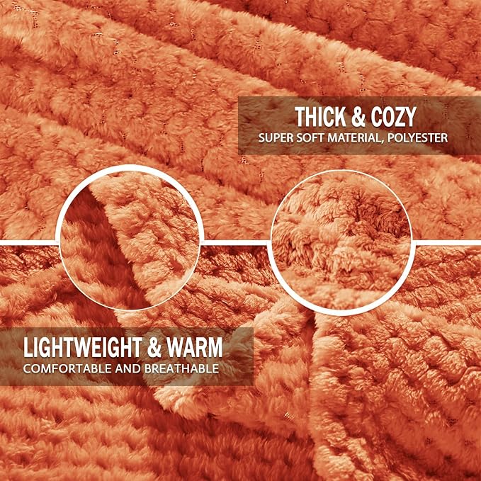 Exclusivo Mezcla Large Waffle Fleece Throw Blanket for Couch, Burnt Orange | Lightweight Soft Blanket for Sofa, Bed, Living Room, Plush Fluffy Throw for Home Decor, Travel, All Season, 50x70 Inches