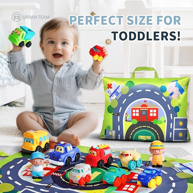 ALASOU 12 PCS Soft Rubber Car Toys for 1 Year Old Boy with Playmat/Storage Bag|Baby Toys 1 Year Old Boy Gifts for Toddler Toys 1-2|1st Birthday Gift for Infant 12 18 Months
