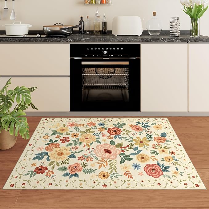 DUKINO 3x5 Area Rug, Floral Washable Rug for Bedroom Non Slip, Beige Yellow | Soft, Stain Resistant Low Pile Indoor Rug for Entryway, Bedroom, Bathroom, Living Room, Pet Friendly, Home Decor, Lightweight